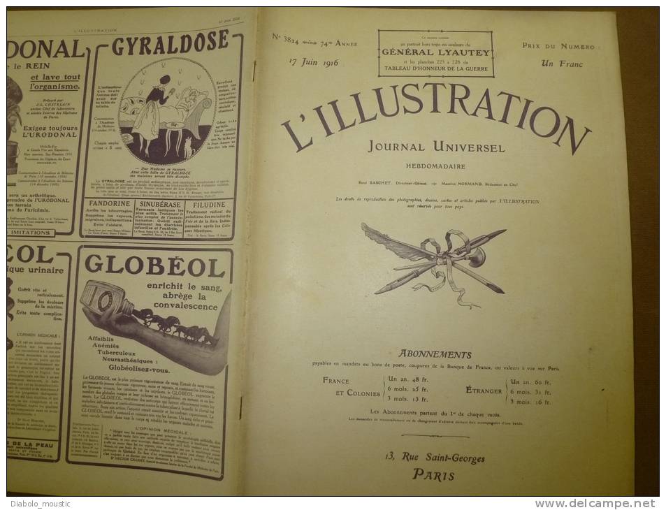 L' ILLUSTRATION  N° 3824  Du  17 Juin 1916 : Belle Lithographie Couleur  Portrait Du Général  LYAUTEY - L'Illustration