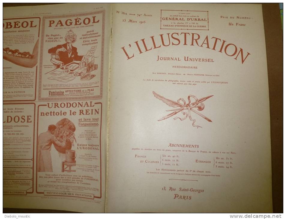 L' ILLUSTRATION  N° 3812  Du  25 Mars 1916 : Belle Lithographie Couleur  Portrait Du Général  D'URBAL - L'Illustration