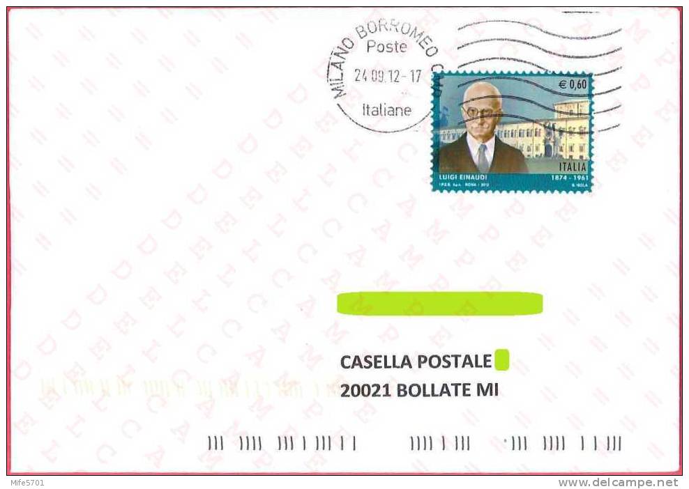 Francobollo: LUIGI EINAUDI - 2012 - EURO 0,60 - SASSONE 3329 - SPEDITO A CASELLA POSTALE - 2011-20: Cartas & Documentos