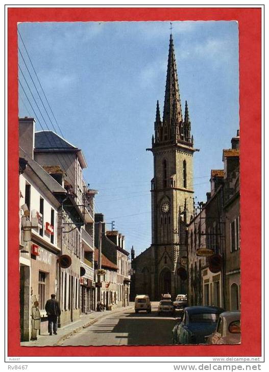 * PLOUESCAT-Eglise Construite En 1867 Et La Rue Principale Du Bourg(Commerces+Automobiles) - Plouescat