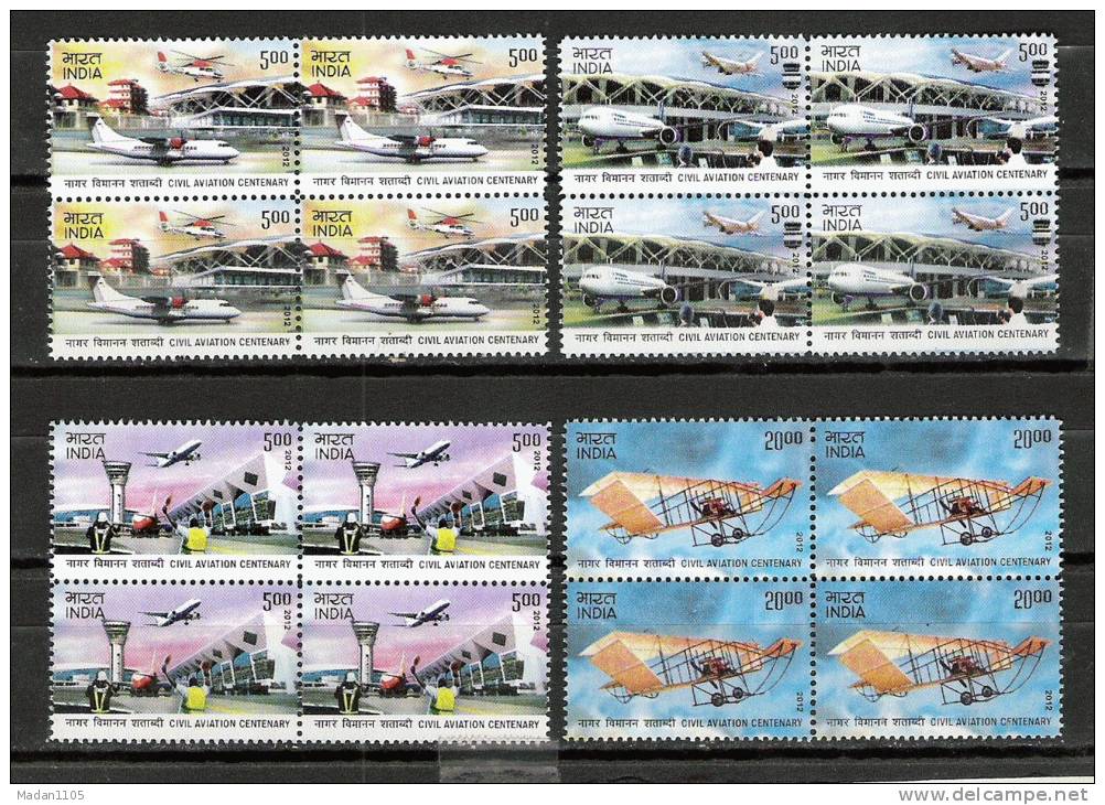 INDIA 2012 100 Years Of Civil Aviation 4v Complete Set, Blocks Of 4 Each,,, MNH(**) - Neufs