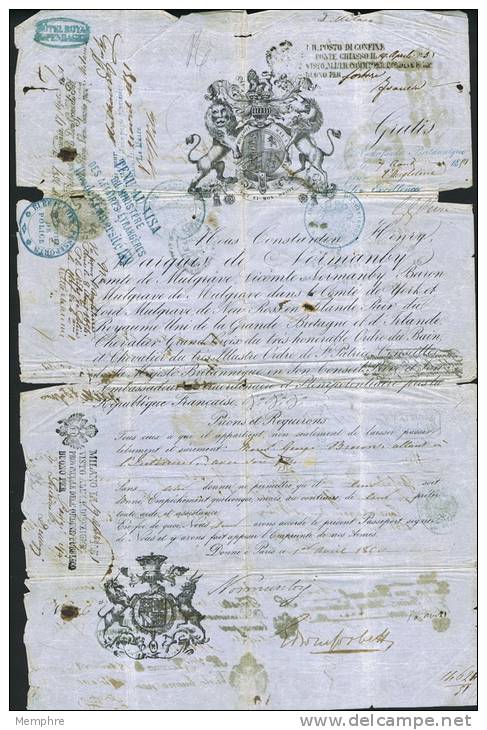 BRITISH PASSPORT  Issued In PARIS 1850 - Covered Both Sides With VISAS --See List - Documents Historiques