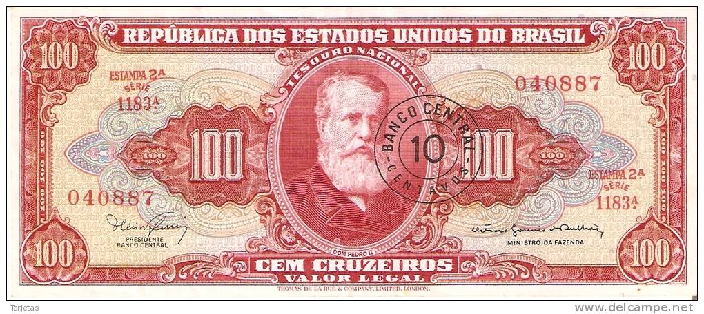 BILLETE DE BRASIL DE 100 CRUZEIROS CON RESELLO 10 CENTAVOS DEL AÑO 1966-67 (BANKNOTE) - Brasil