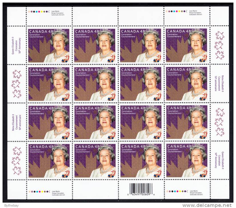 Canada MNH Scott #1987 Complete Sheet Of 16 48c Queen Elizabeth II 50th Anniversary Of Coronation - Ganze Bögen