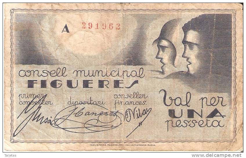 BILLETE DE 1 PTA  DEL CONSELL MUNICIPAL DE FIGUERES DEL AÑO 1937 (BANKNOTE) - Sonstige & Ohne Zuordnung