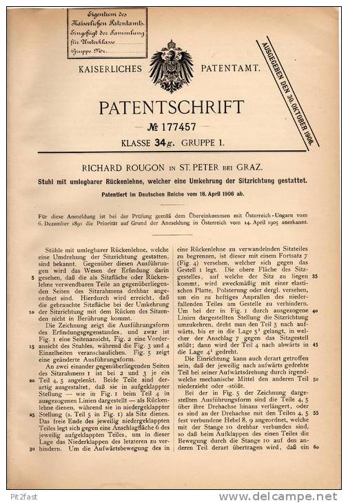 Original Patentschrift - Richard Rougon In St. Peter B. Graz , 1906 , Stuhl Mit Umlegbarer Rückenlehne !!! - Altri & Non Classificati