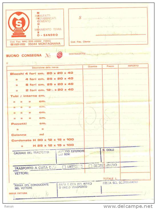 Vecchia Fattura Manufatti In Cemento  Montagnana 1979 - Italia