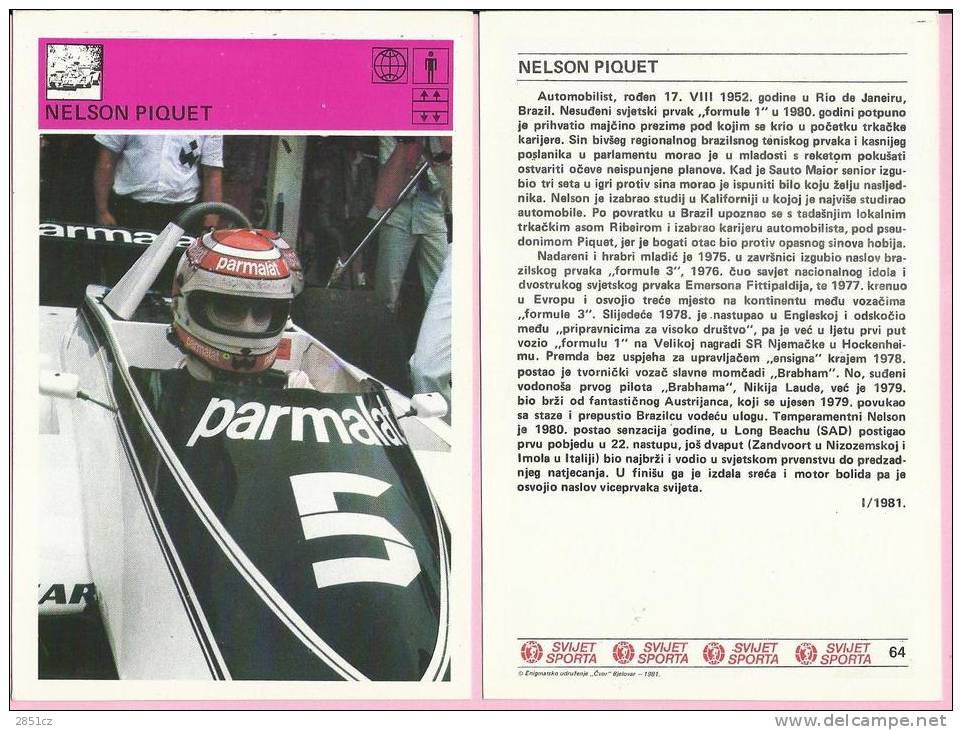 SPORT CARD No 64 - NELSON PIQUET, Yugoslavia, 1981., 10 X 15 Cm - Autorennen - F1