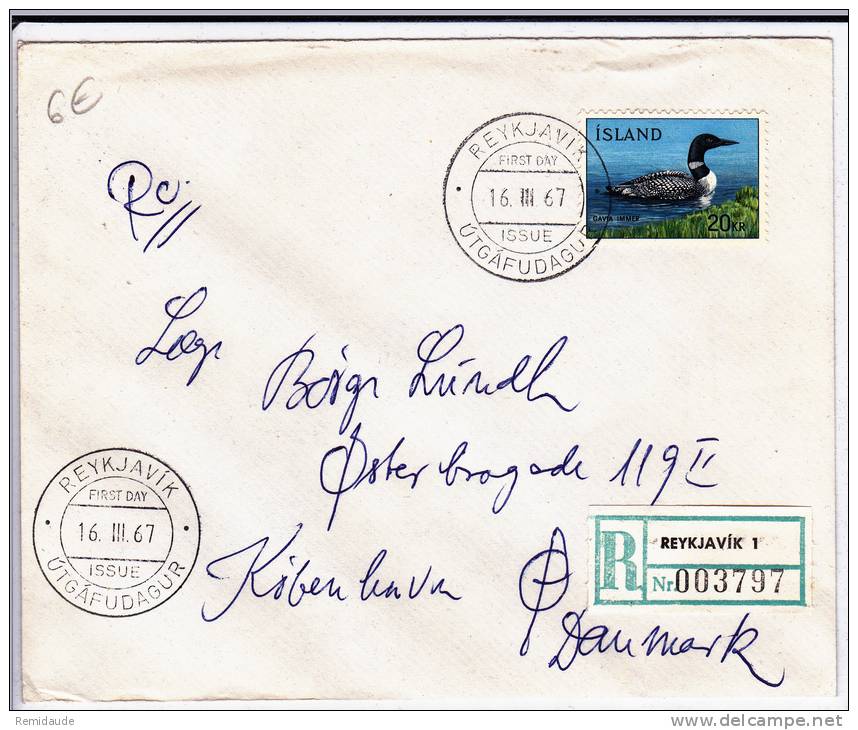 ISLANDE - 1967 - ENVELOPPE FDC RECOMMANDEE De REYKJAVIK - OISEAUX - Covers & Documents