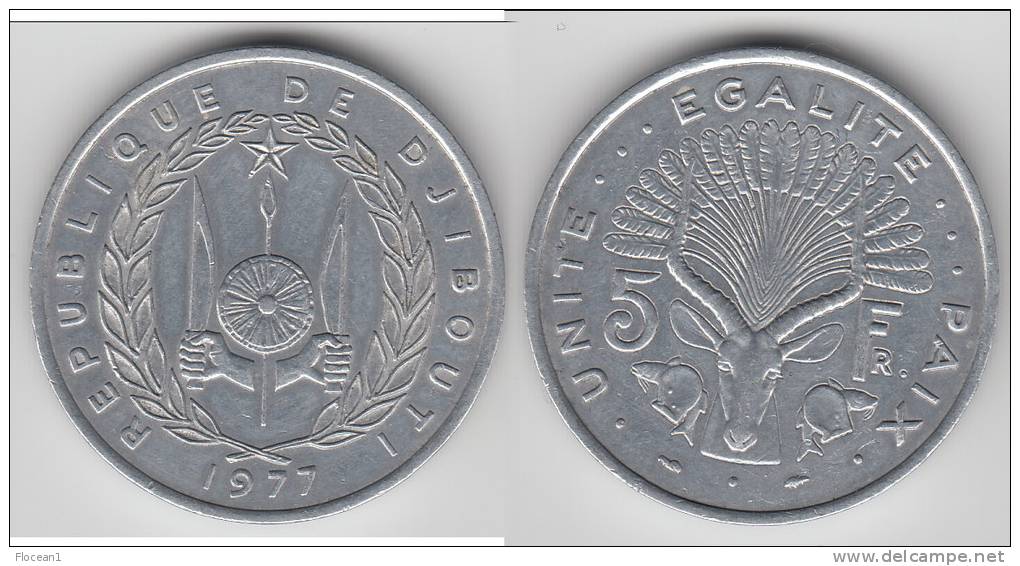 DJIBOUTI **** 5 FRANCS 1977 **** EN ACHAT IMMEDIAT !!! - Dschibuti