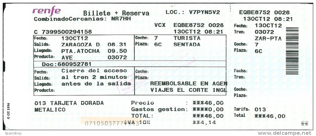 Ticket Renfe Spain Train AVE - TGV  With Combination - Europe