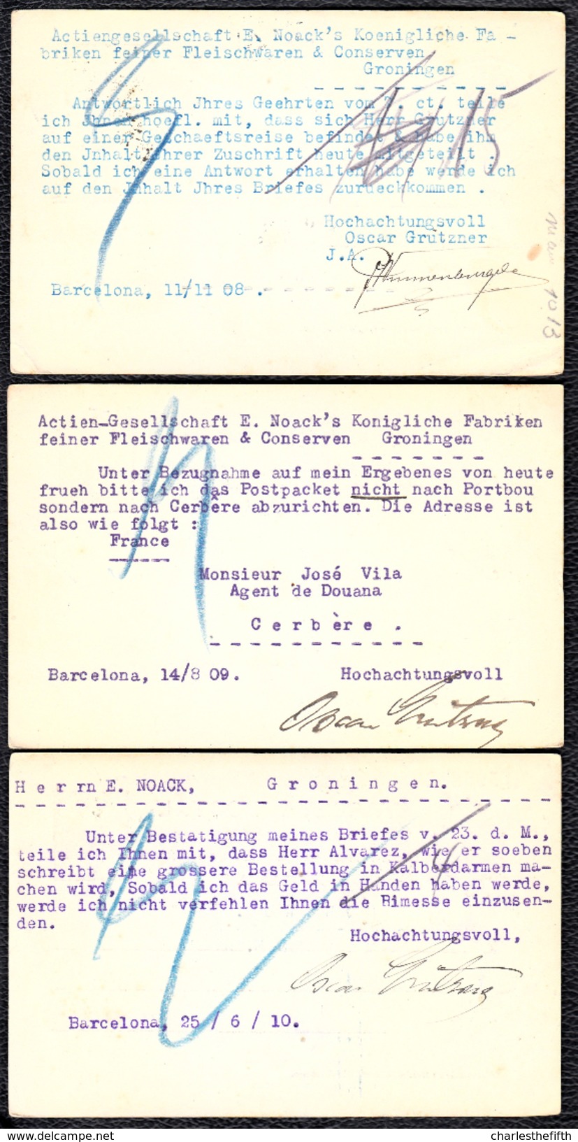 3 X POSTAL STATIONARY 1908/1910 - BARCELONA - FABRIEK VLEESWAREN NOACK In GRONINGEN HOLLAND  Entero Postal - 1850-1931