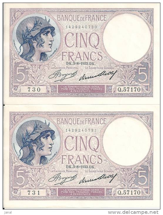 BILLET - VIOLET 5 FRANCS - PAIRE N°730- 731 - N° Q. 57170 - DK.3- 8 - 1933 - - 5 F 1917-1940 ''Violet''