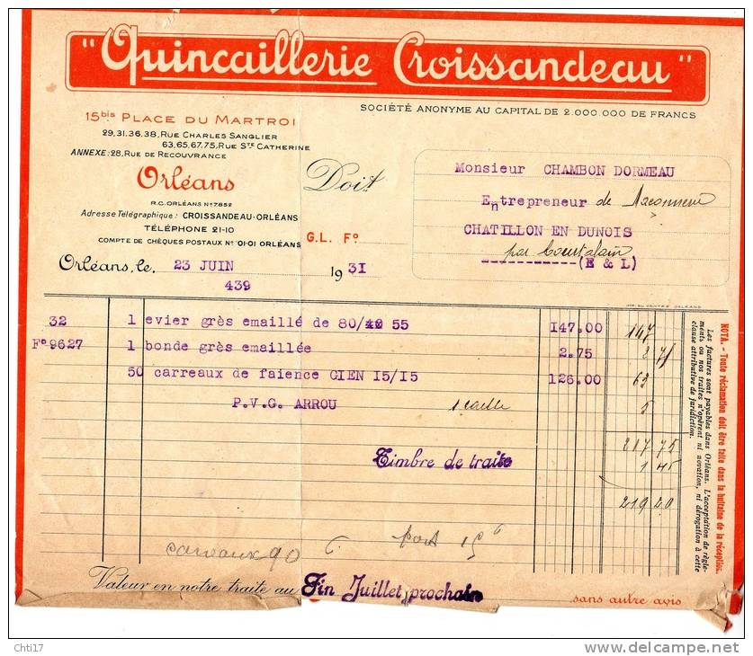 ORLEANS  FACTURE METIER  QUINCAILLER MACON BATIMENT ENTREPRISE CROISSANDEAU JUIN 1931 - Transportmiddelen