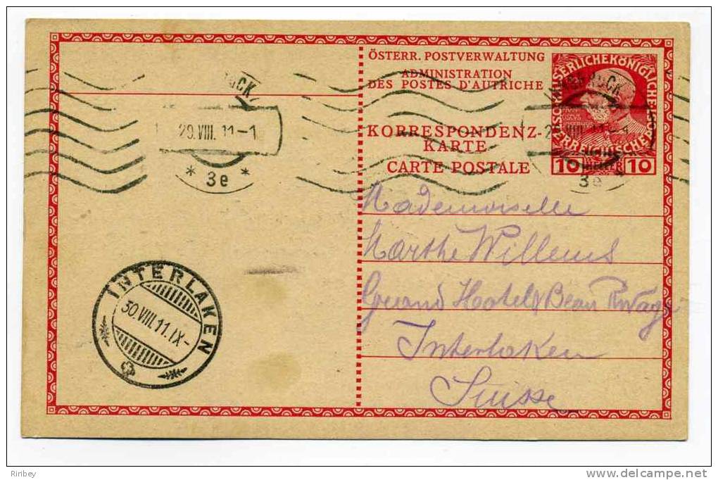 Entier D'AUTRICHE Ecrite D'INNSBUCK Pour Interlaken En SUISSE / 29 Aout 1911 - Other & Unclassified