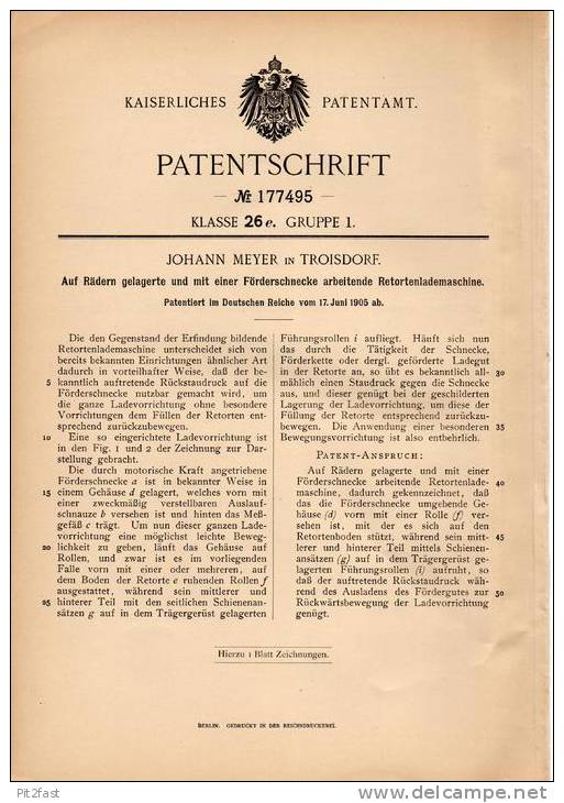 Original Patentschrift - J. Meyer In Troisdorf , 1905 , Förderschnecke Für Retortenlademaschine !!! - Historische Dokumente