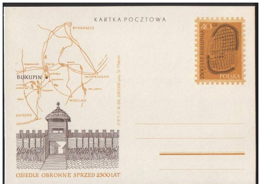 Poland Pologne, Archaeology, Biskupin – Lausatian Culture, Map, Dwelling, Postal Stationery 1969. - Archaeology