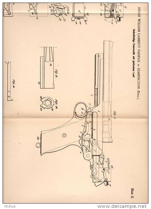 Original Patentschrift - Hugh Fairfax In Leamington , England , 1900 , Pistole Mit Gleitendem Lauf , Pistol !!! - Equipment