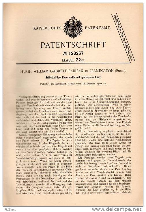 Original Patentschrift - Hugh Fairfax In Leamington , England , 1900 , Pistole Mit Gleitendem Lauf , Pistol !!! - Equipment