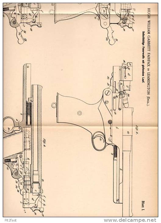 Original Patentschrift - Hugh Fairfax In Leamington , England , 1900 , Pistole Mit Gleitendem Lauf , Pistol !!! - Equipment