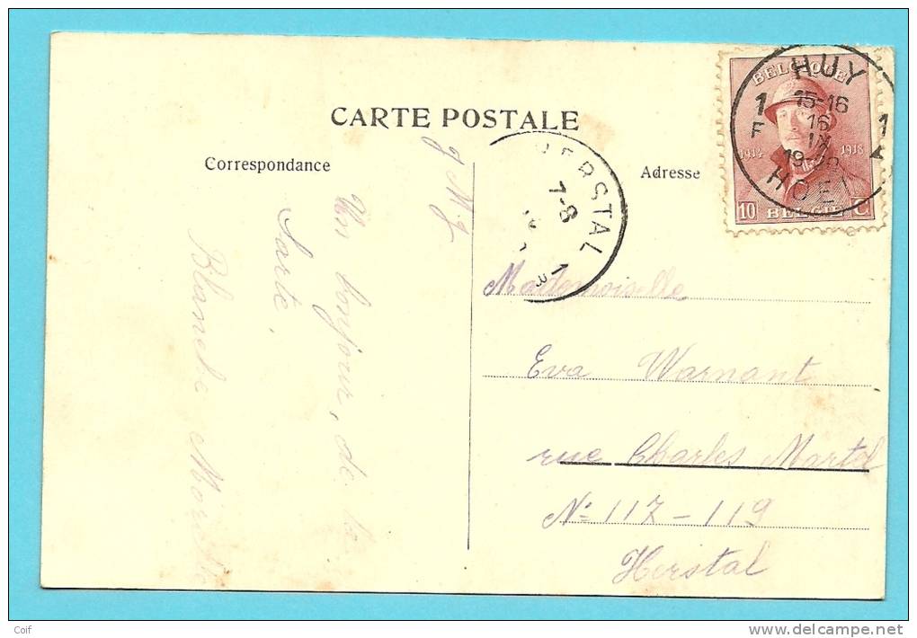 168 Op Kaart Met Cirkelstempel HUY / HOEI 1F &#9650; - 1919-1920 Roi Casqué