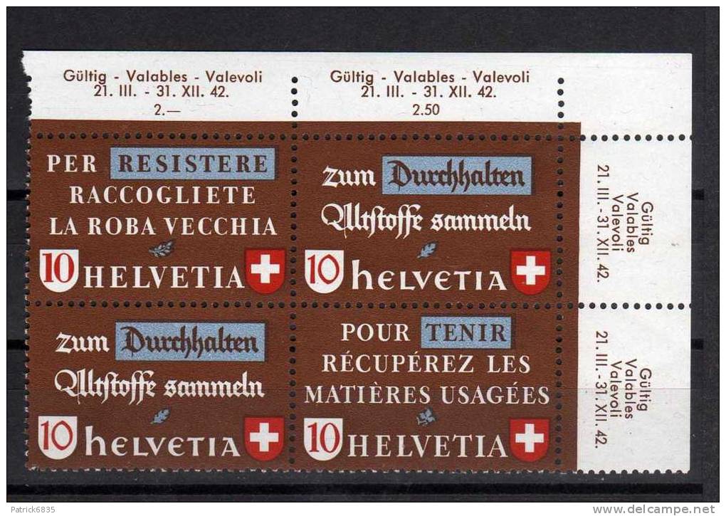 Svizzera ** - 1942 - Timbres Pour La Récupération Des Matières Usagées. Bloc De 4.  Vedi Descrizione - Se-Tenant