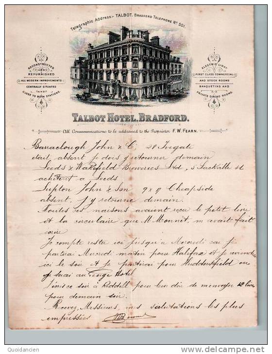 Entête  30/10/1899  -  BRADFORD  ( Angleterre )  -  Hôtel  TALBOT - United Kingdom