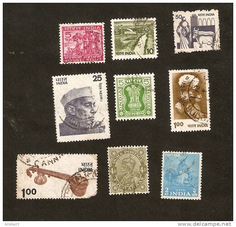 R9-1-2. India, LOT Set Of 9 - Agriculture Farming 1971 1979 1980 Flora Cotton Flower Plant 1976 Asokan Lion Nehru Etc. - Collections, Lots & Series