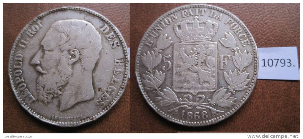 Belgica 5 Francos De Plata 1868 , Leopold II - Otros – Europa