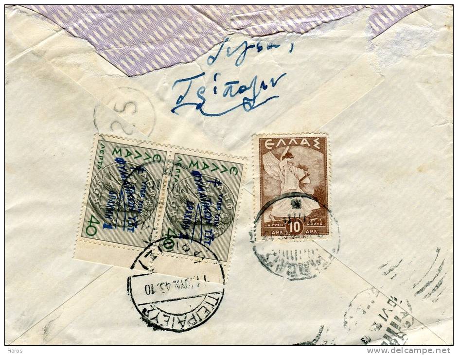 Greece- Cover Posted From Tripolis [canc.9.6.1945 Type XX, Trans.10.6, Arr.11.6 Type XV] To Piraeus (top Creased) - Maximum Cards & Covers