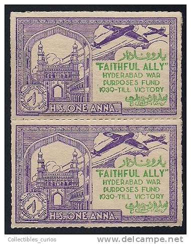 India Hyderabad State 1 Anna Voilet  FAITHFUL  ALLY Urdu War Fund Label Pair BOOKLET Pane MINT RARE Inde Indien - Hyderabad