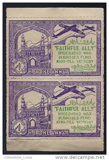 India Hyderabad State 1 Anna Voilet  FAITHFUL  ALLY Urdu War Fund Label Pair BOOKLET Pane MINT RARE Inde Indien - Hyderabad