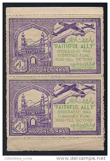 India Hyderabad State 1 Anna Voilet  FAITHFUL  ALLY Urdu War Fund Label Pair BOOKLET Pane MINT RARE Inde Indien - Hyderabad