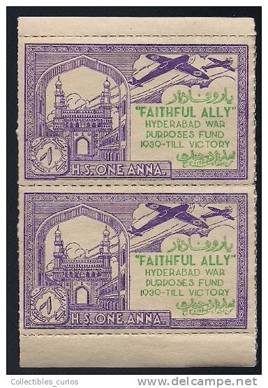 India Hyderabad State 1 Anna Voilet  FAITHFUL  ALLY Urdu War Fund Label Pair BOOKLET Pane MINT RARE Inde Indien - Hyderabad