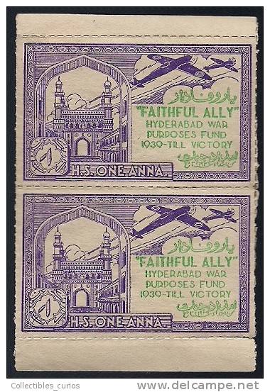 India Hyderabad State 1 Anna Voilet  FAITHFUL  ALLY Urdu War Fund Label Pair BOOKLET Pane MINT RARE Inde Indien - Hyderabad