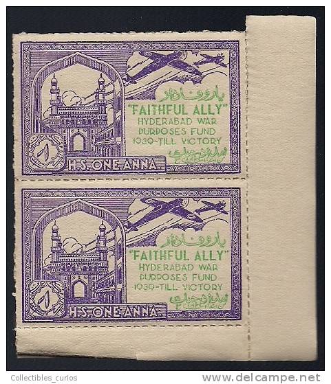 India Hyderabad State 1 Anna Voilet  FAITHFUL  ALLY Urdu War Fund Label Pair BOOKLET Pane MINT RARE Inde Indien - Hyderabad