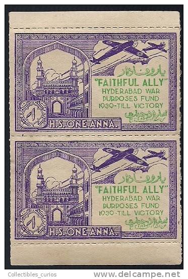 India Hyderabad State 1 Anna Voilet  FAITHFUL  ALLY Urdu War Fund Label Pair BOOKLET Pane MINT RARE Inde Indien - Hyderabad