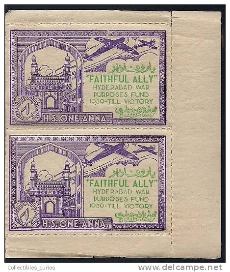 India Hyderabad State 1 Anna Voilet  FAITHFUL  ALLY Urdu War Fund Label Pair BOOKLET Pane MINT RARE Inde Indien - Hyderabad