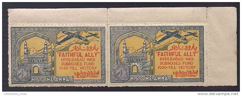 India Hyderabad State 1 Anna Colored  FAITHFUL ALLY Urdu War Fund Label Pair BOOKLET Pane MINT RARE Inde Indien - Hyderabad