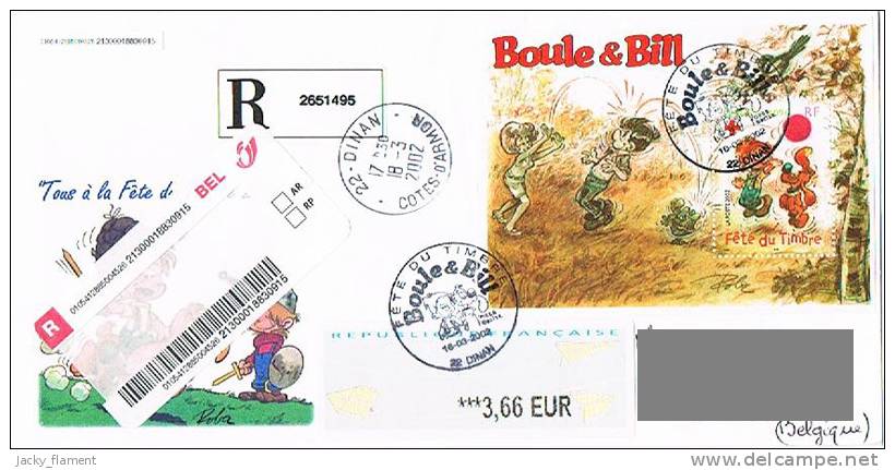 France - Recommandé FDC "Boule Et Bill" (Yvert BF 46) - Dinan Le 16 Mar 2002 - Bandes Dessinées