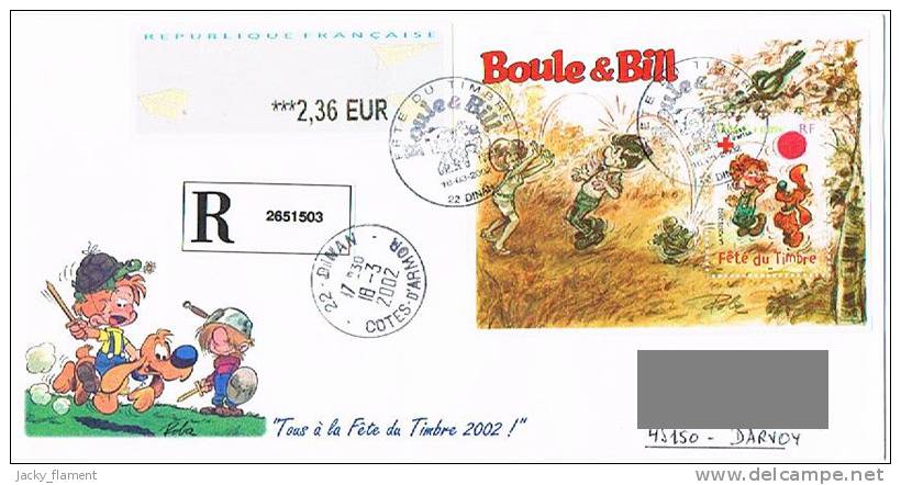 France - Recommandé FDC "Boule Et Bill" (Yvert BF 46) - Dinan Le 16 Mar 2002 - Bandes Dessinées