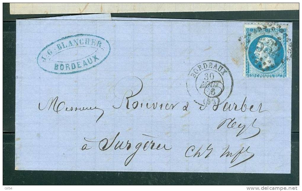 Lac Affranchie Par N° 22 En Aout 1868 Oblitéré  Gc 532 ( Bordeaux ) -  Am3218 - 1849-1876: Periodo Clásico