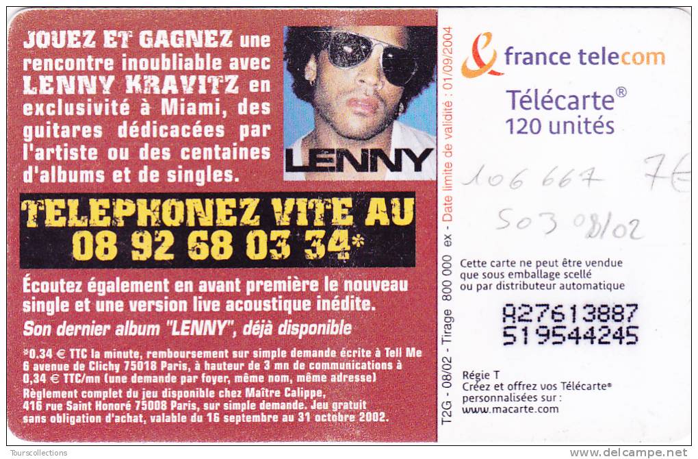 TELECARTE 120 U @ LENNY KRAVITZ - 166 667 Ex @ SO3 - 08/2002 - 2002