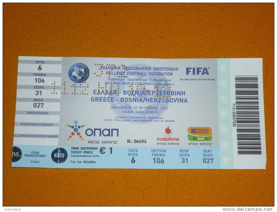 Greece-Bosnia & Herzegovina 2014 Fifa World Cup Qualifiers Football Match Ticket - Tickets D'entrée