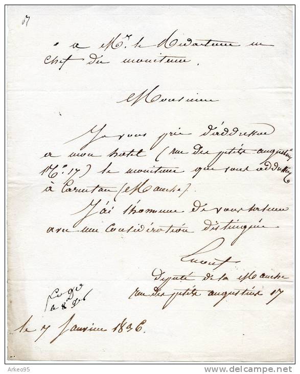 Lettre De M.Ernouf, Député De La Manche 1836 - Documents Historiques