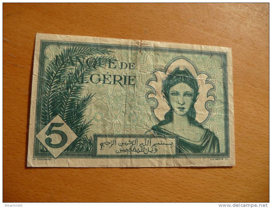 Billet. Banque De L'Algérie. 5 Francs. 16.11.1942 En L´état Voir Photos. - Algérie