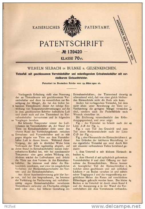 Original Patentschrift - W. Selbach In Bulmke B. Gelsenkirchen , 1902 , Tintenfaß Mit Vorratsbehälter , Tinte !!! - Tintenfässer