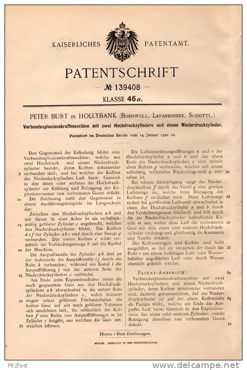 Original Patentschrift - P. Burt In Hollybank , Boshwell , Lanarkshire In Schottland , 1902 , Explosionskraftmaschine !! - Tools