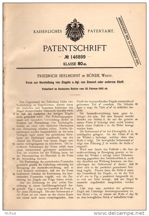 Original Patentschrift - F. Seelhorst In Bünde I.Westf., 1903 , Herstellung Von Ziegeln Aus Zement , Ziegelei !!! - Historische Dokumente