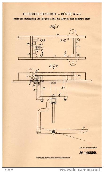Original Patentschrift - F. Seelhorst In Bünde I.Westf., 1903 , Herstellung Von Ziegeln Aus Zement , Ziegelei !!! - Historische Dokumente